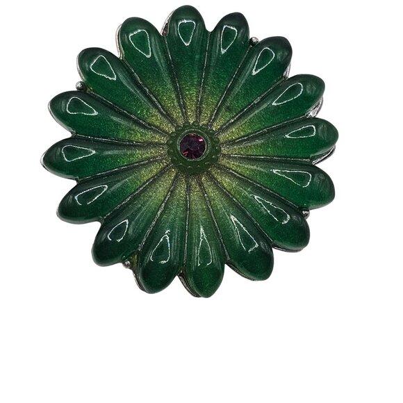 Vtg Green Floral Molded Glass Brooch Purple Rhinestone Silver Tone Pin Flower - Picture 1 of 9
